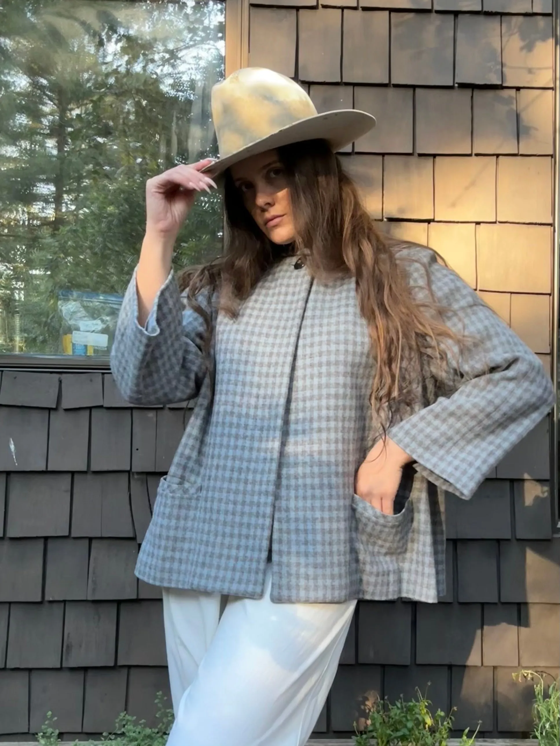 1940s Gingham Wool Bell Sleeve Swing Coat