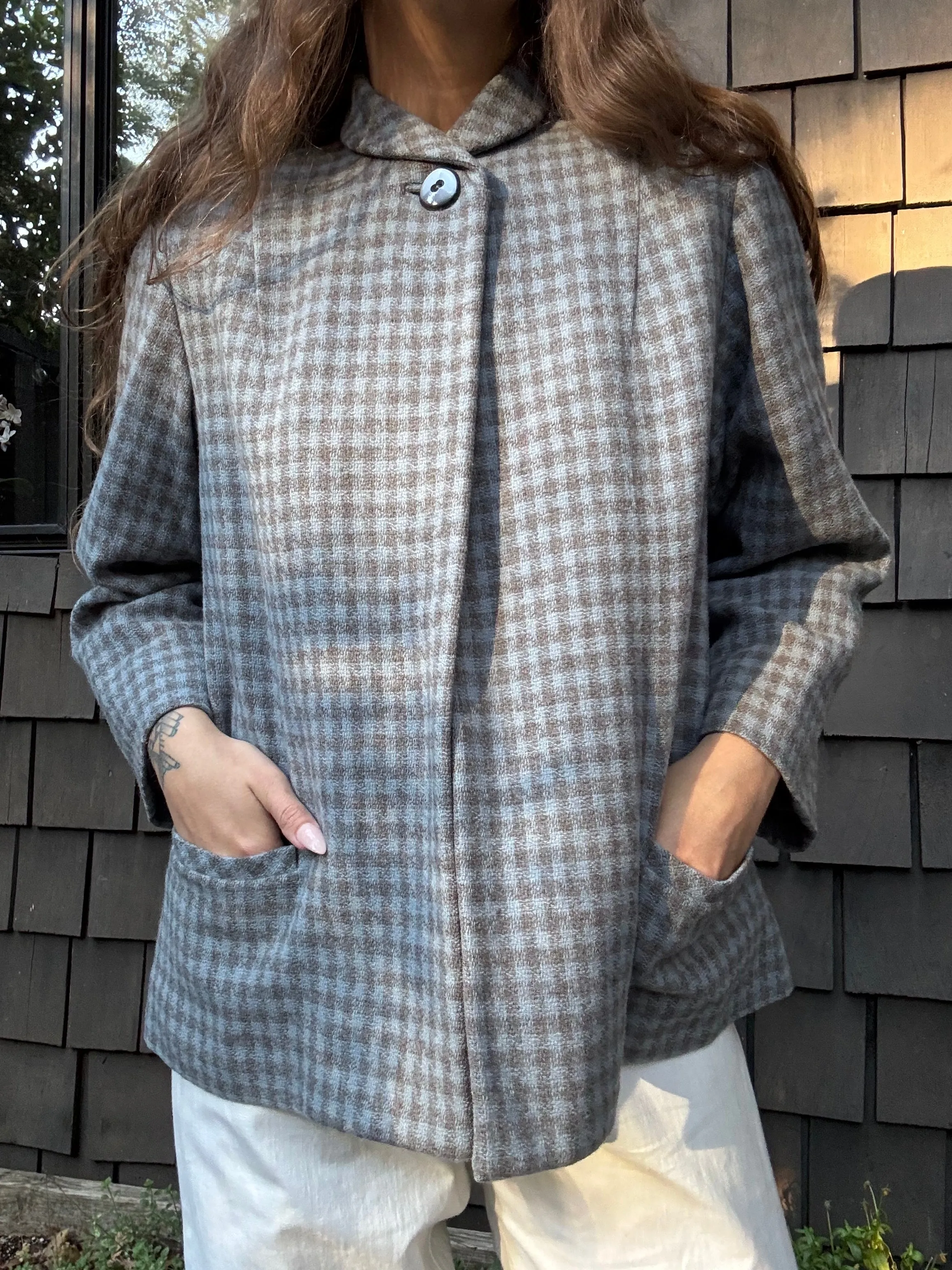 1940s Gingham Wool Bell Sleeve Swing Coat