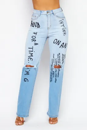 Belle Letter Embroidered Print Denim Jean Pants