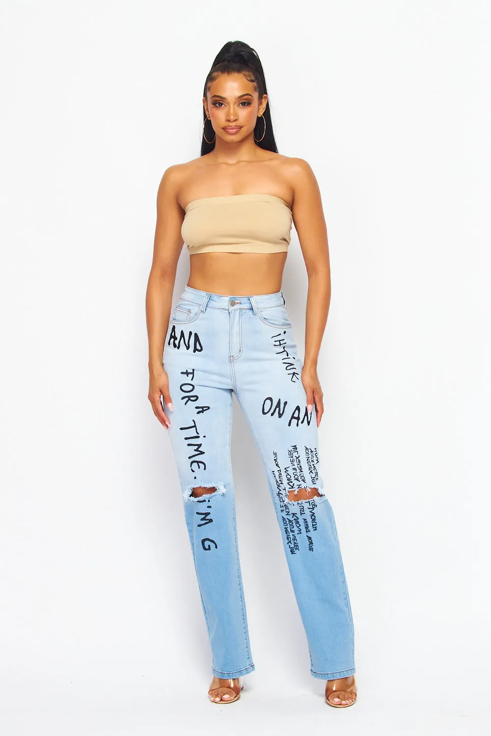 Belle Letter Embroidered Print Denim Jean Pants
