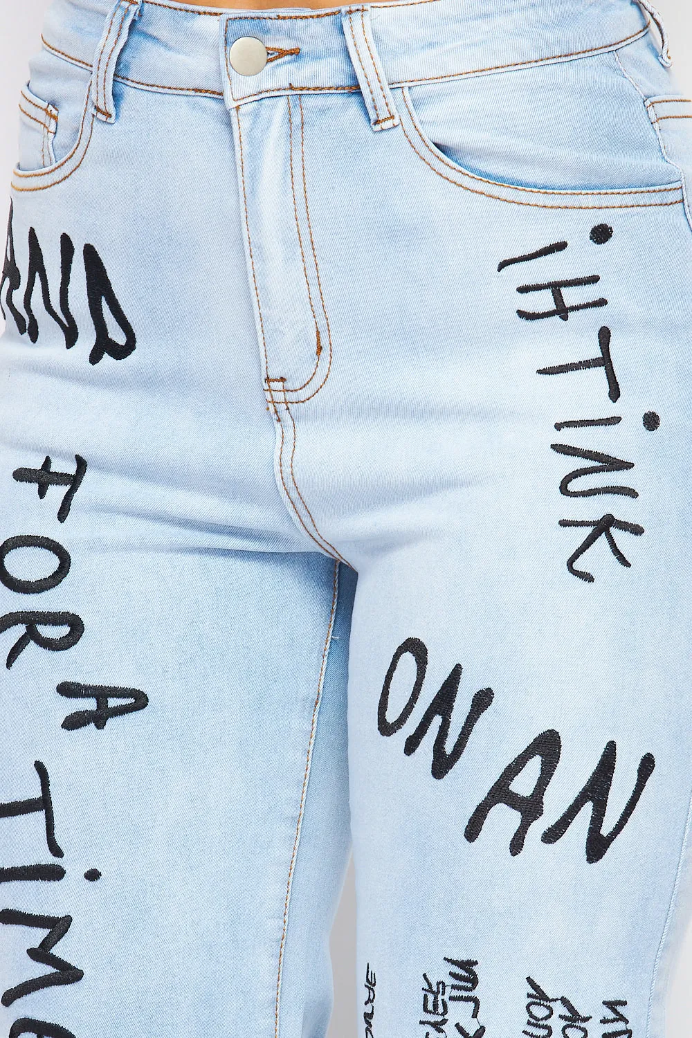 Belle Letter Embroidered Print Denim Jean Pants