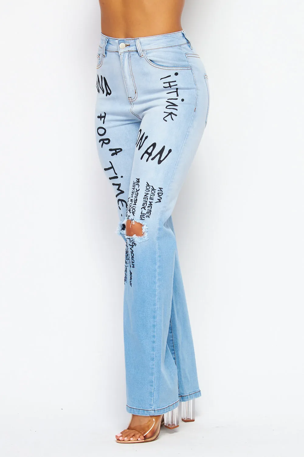 Belle Letter Embroidered Print Denim Jean Pants