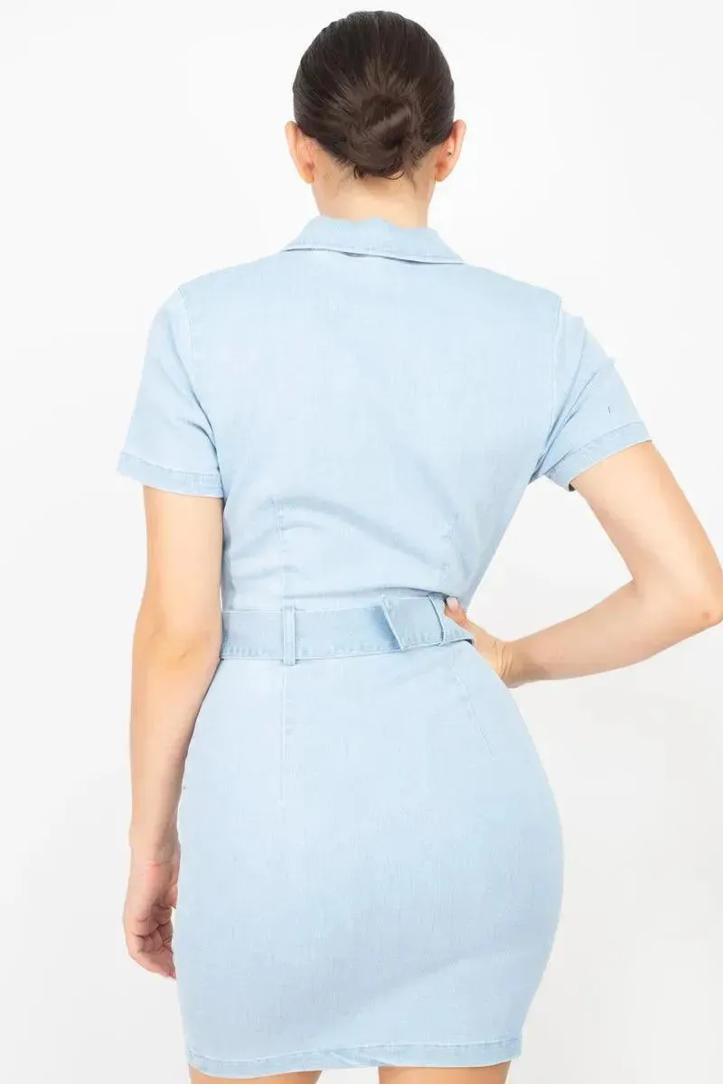 Belted Bodycon Collared Denim Dress