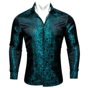 Black and Lake Blue Floral Silk Dress Shirt