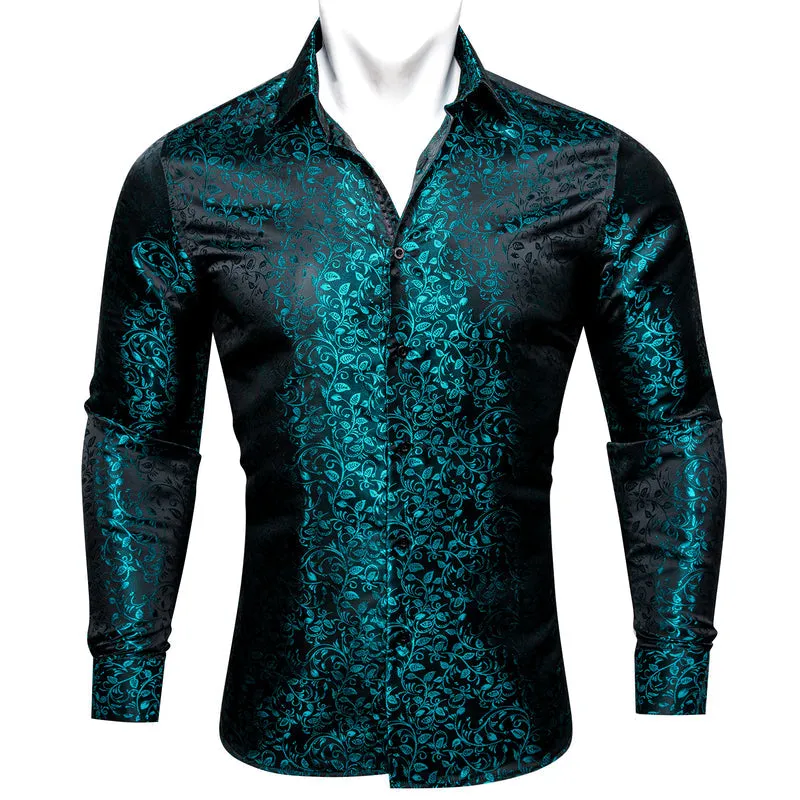 Black and Lake Blue Floral Silk Dress Shirt