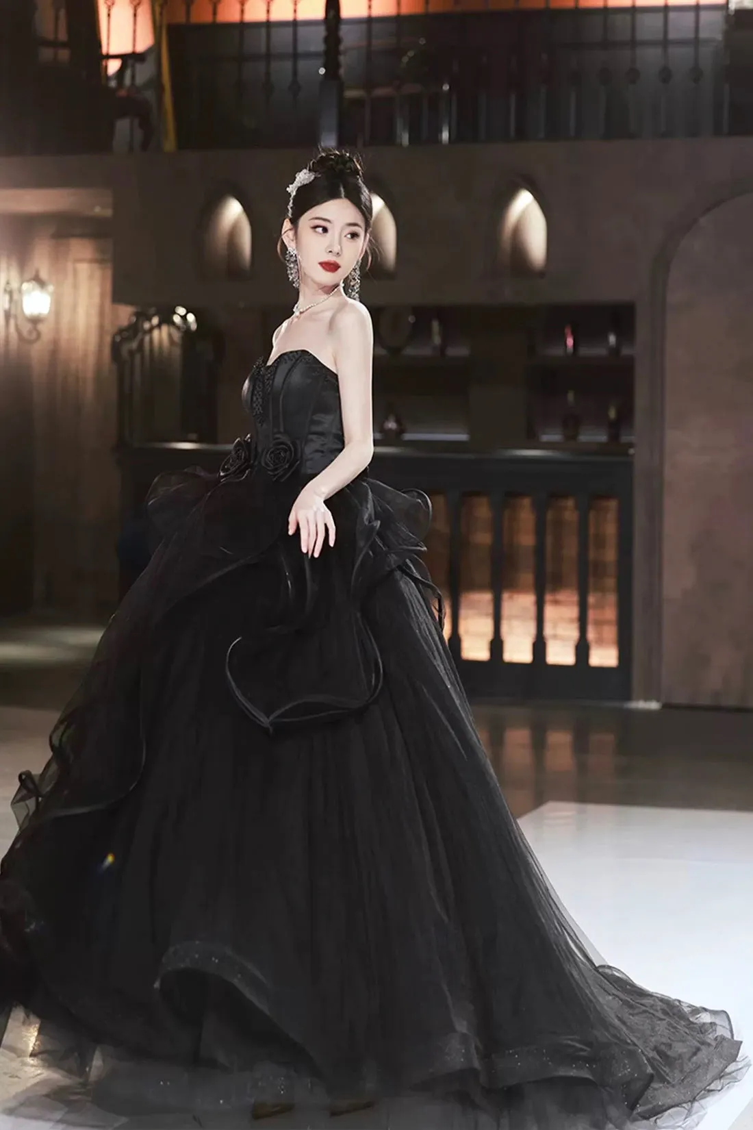 Black Tulle Beaded Long Ball Gown, A-Line Strapless Evening Formal Gown
