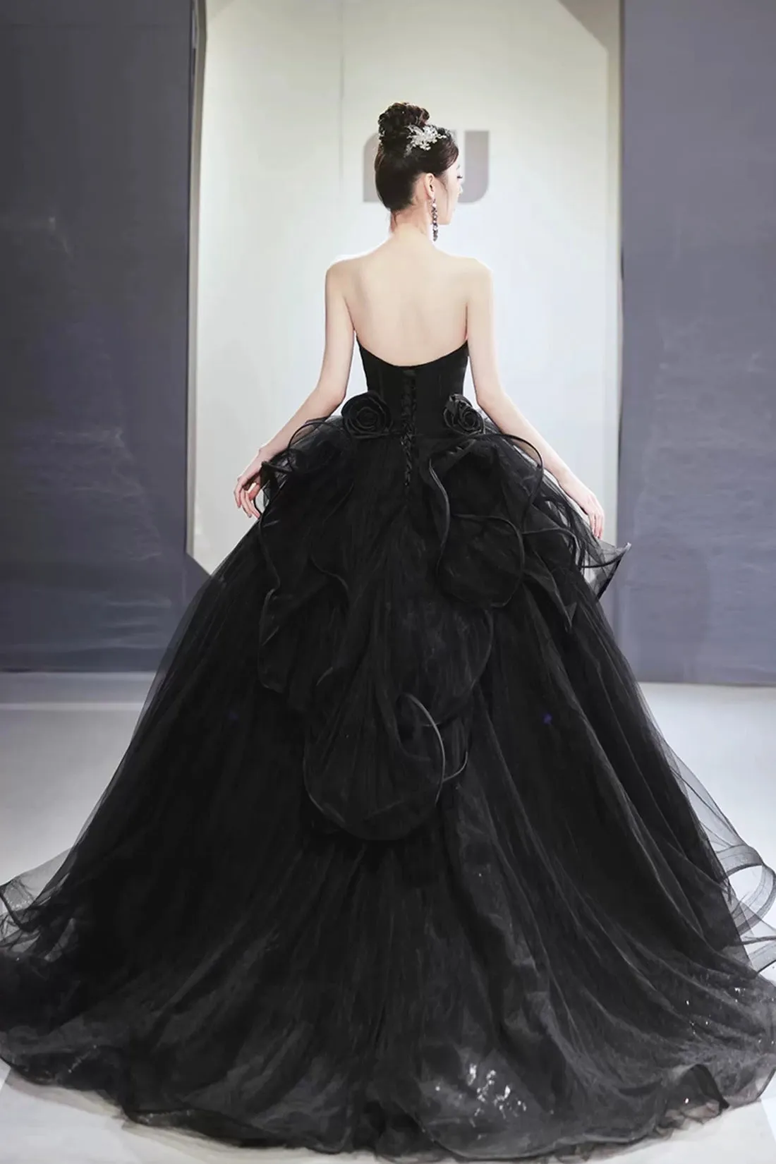 Black Tulle Beaded Long Ball Gown, A-Line Strapless Evening Formal Gown