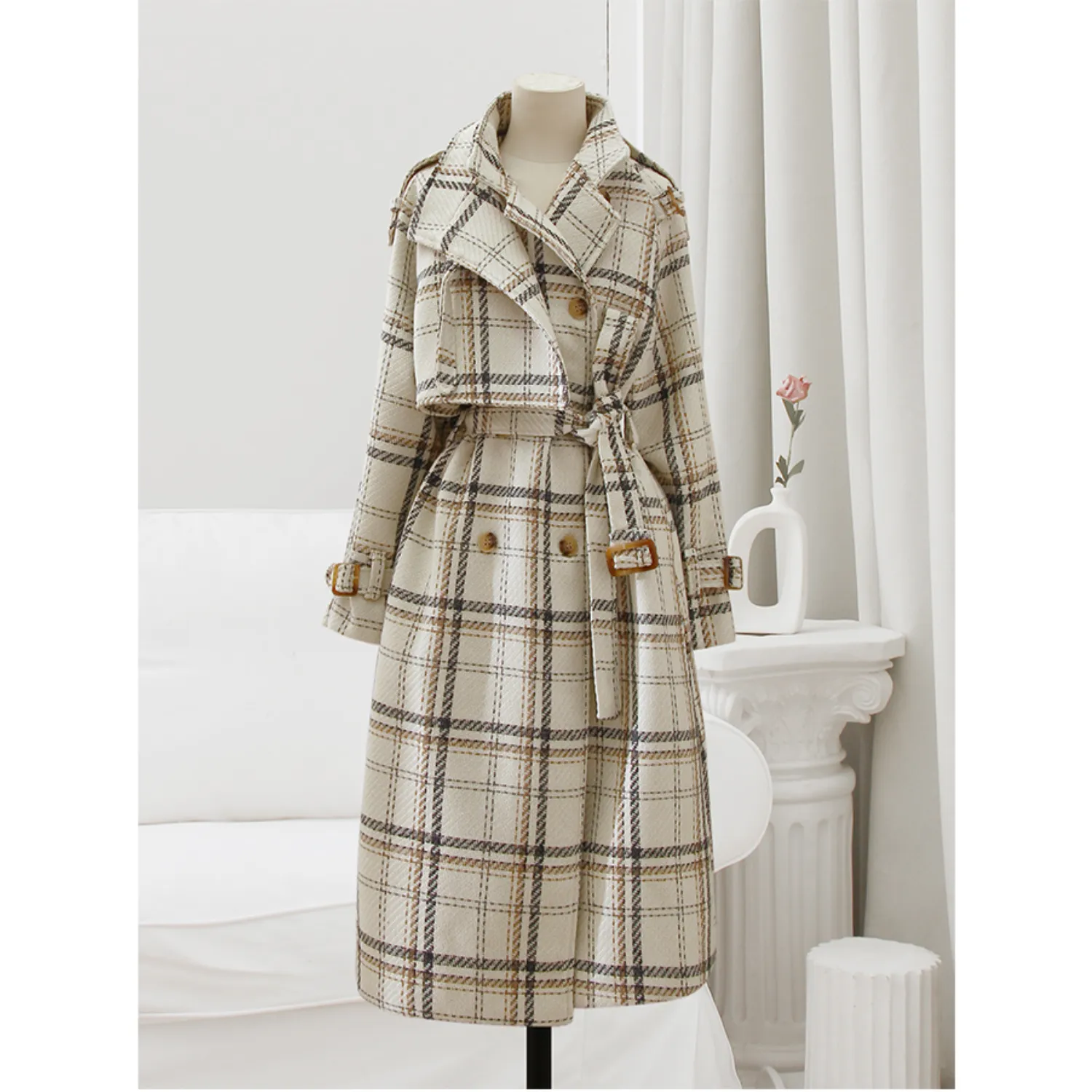 Checked Oversized Belted Coat - Beige