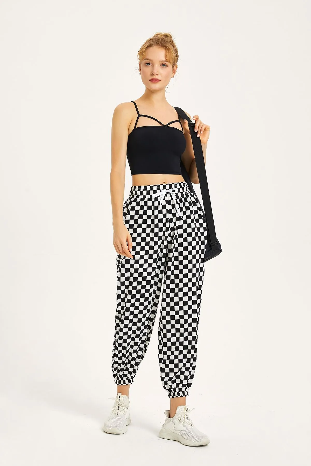 Chessboard Tapered Jogger Pants with Drawstring