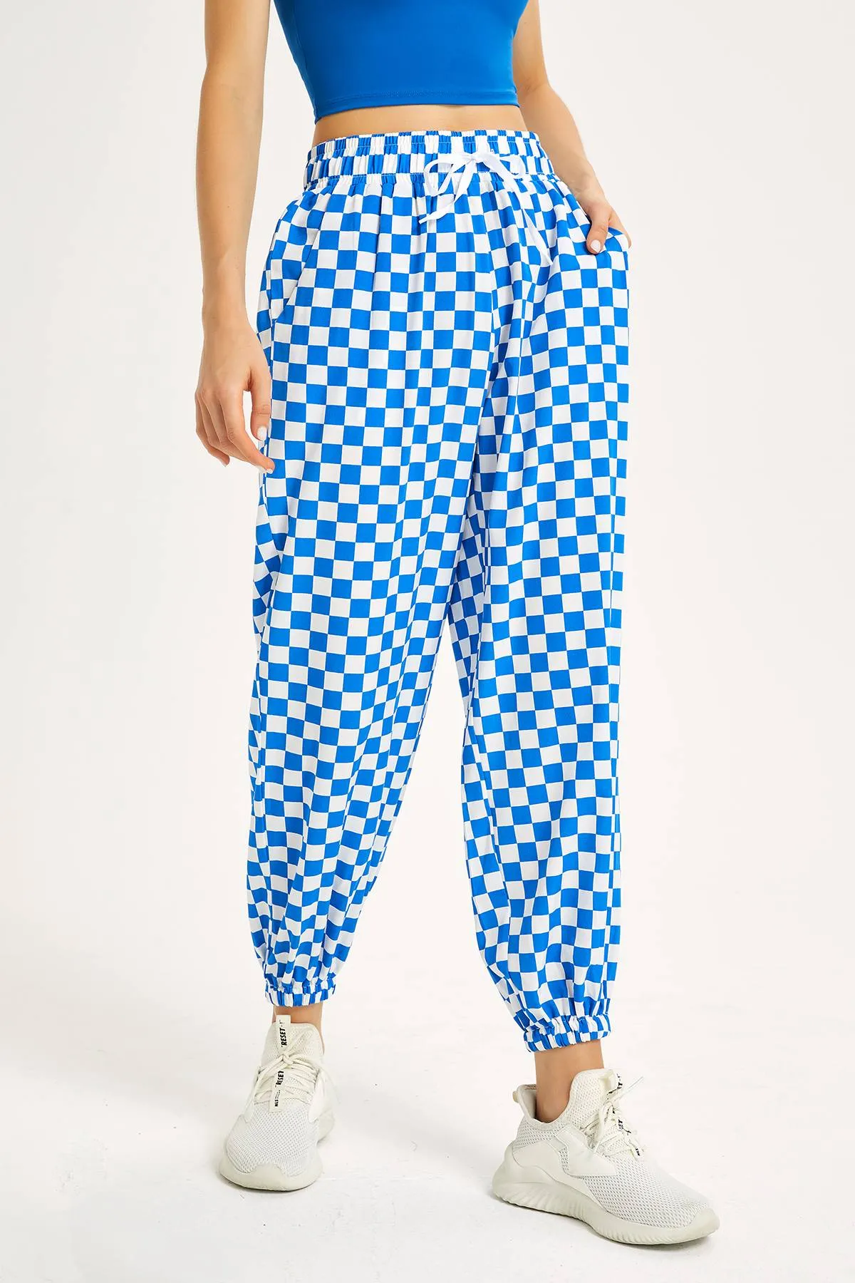 Chessboard Tapered Jogger Pants with Drawstring