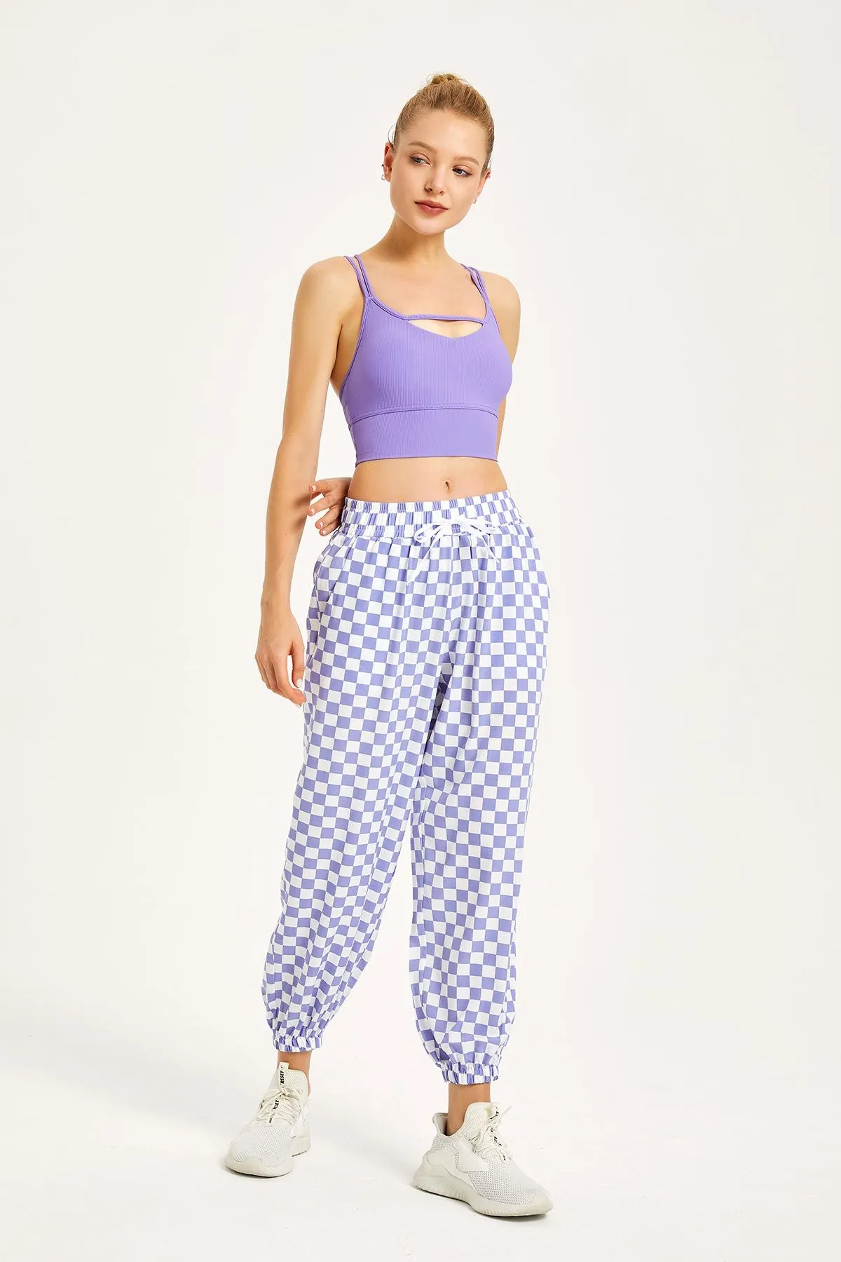 Chessboard Tapered Jogger Pants with Drawstring
