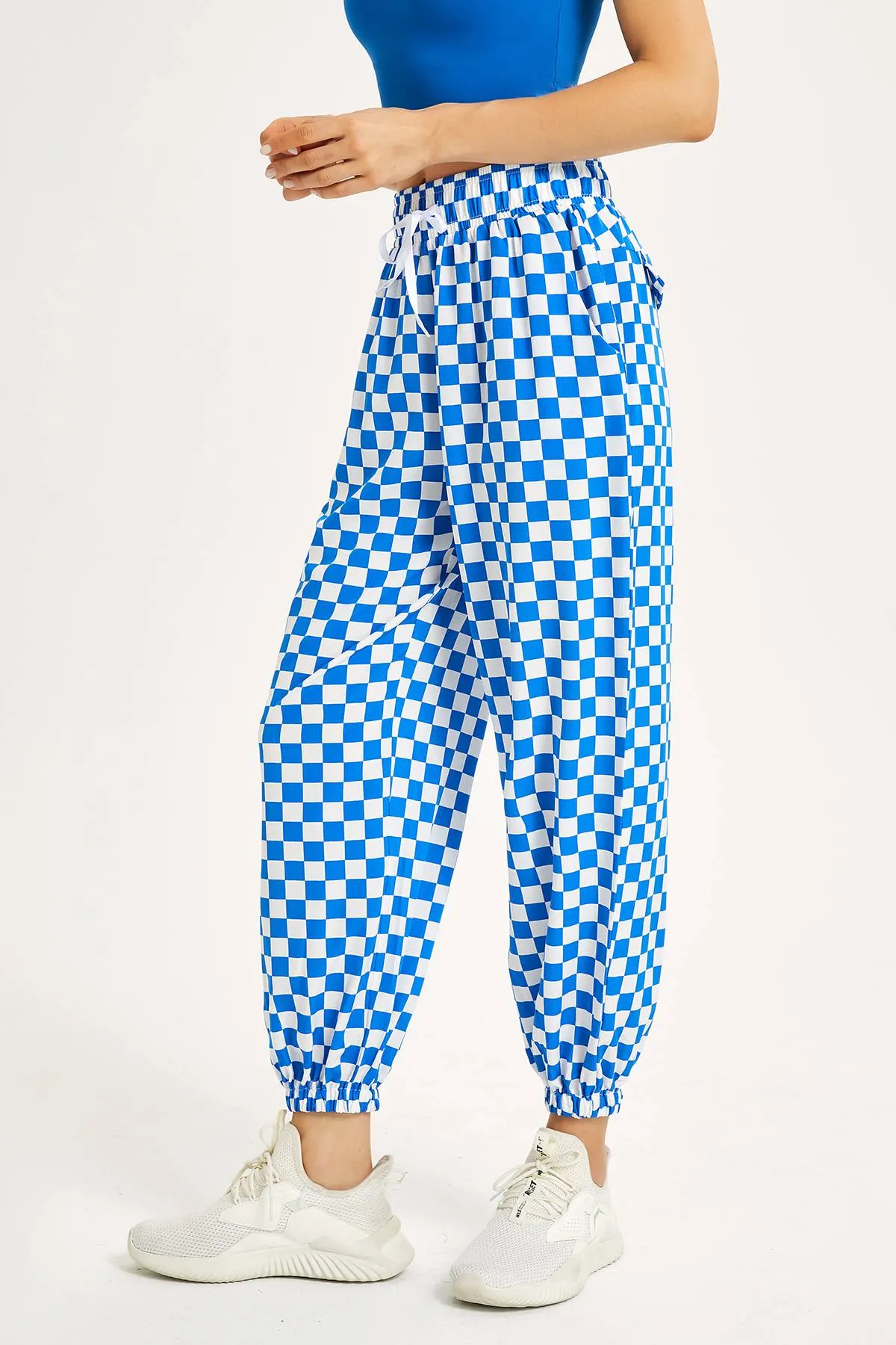 Chessboard Tapered Jogger Pants with Drawstring
