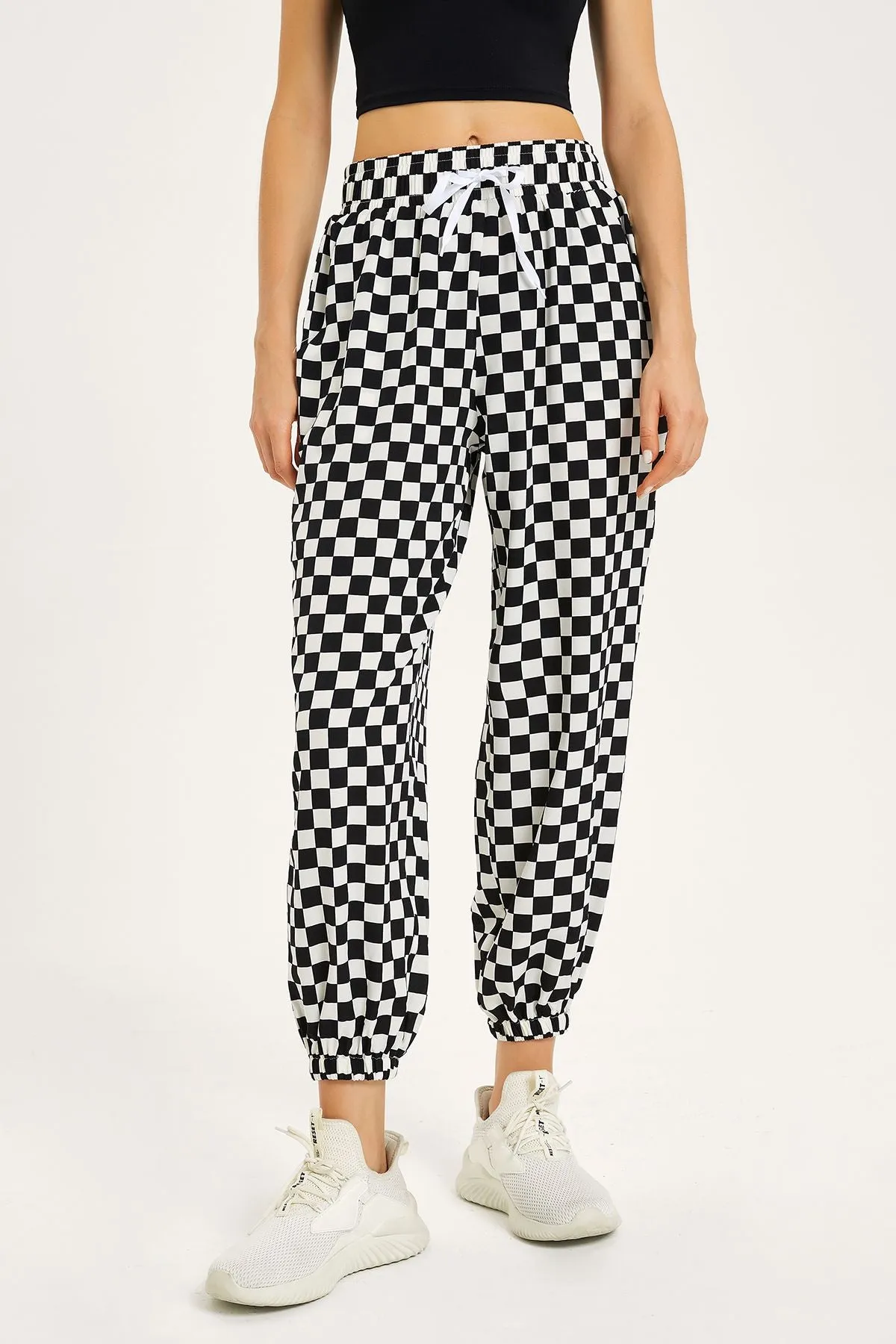 Chessboard Tapered Jogger Pants with Drawstring