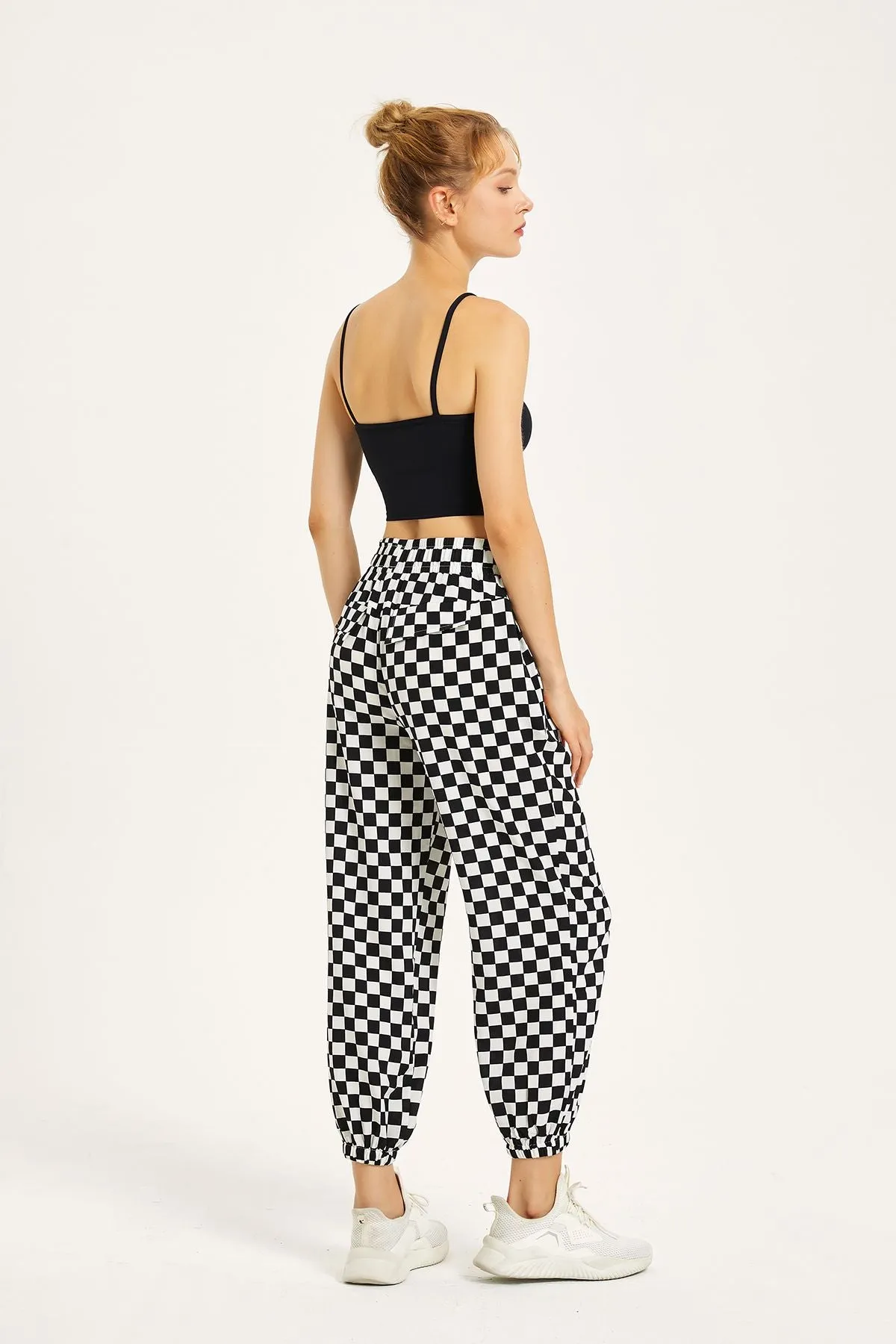 Chessboard Tapered Jogger Pants with Drawstring