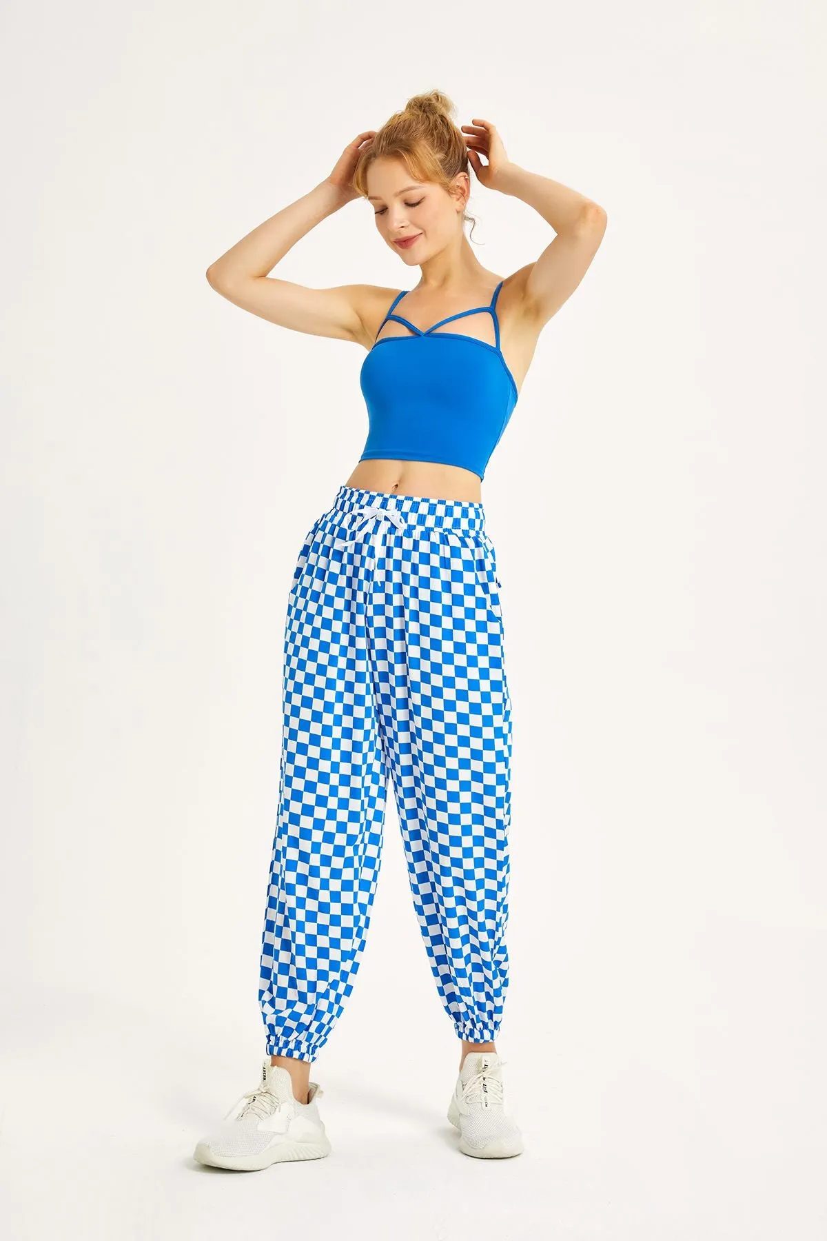 Chessboard Tapered Jogger Pants with Drawstring