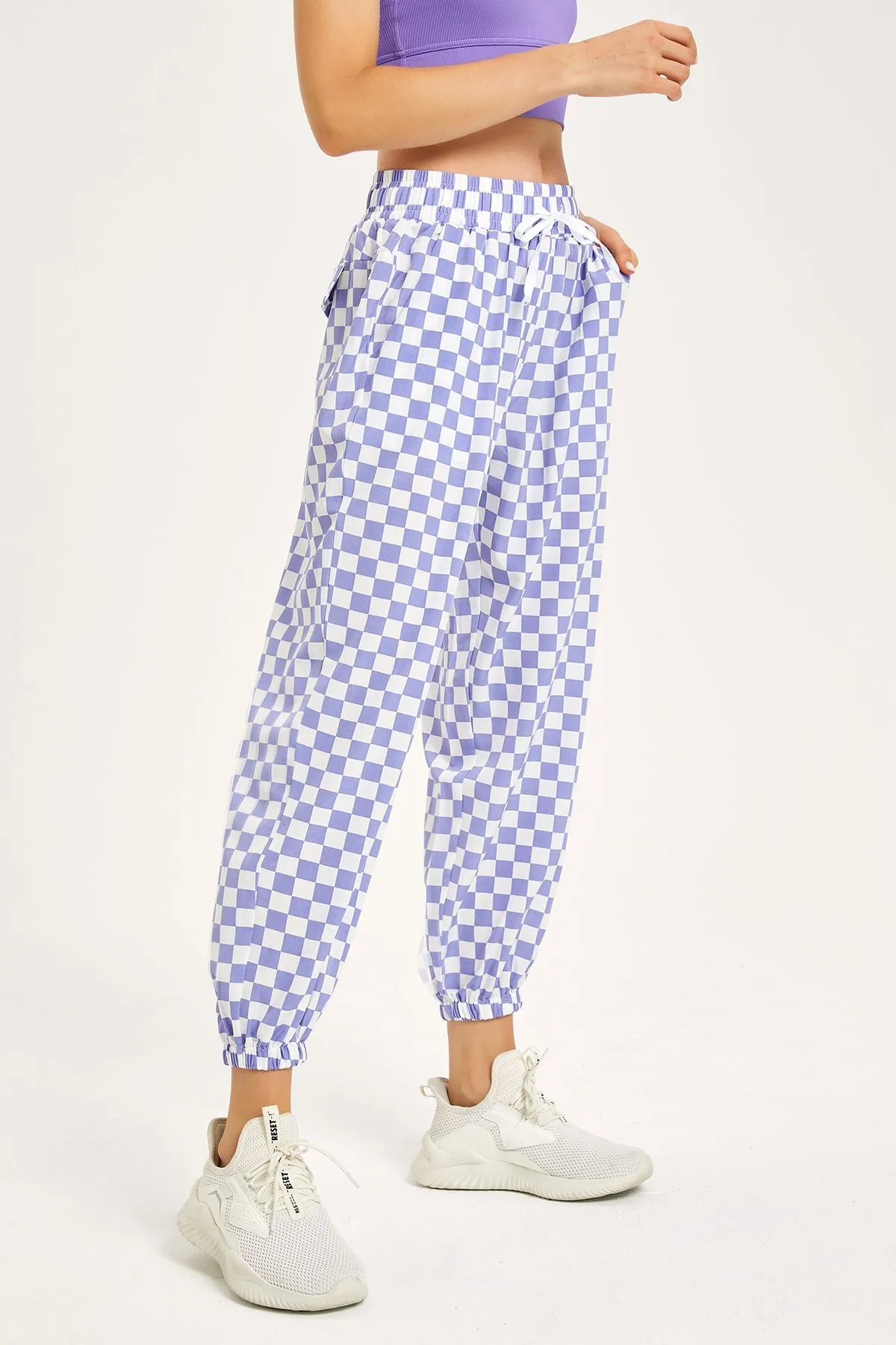 Chessboard Tapered Jogger Pants with Drawstring