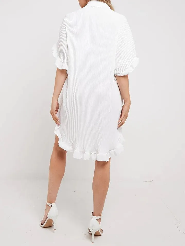 Cream Crinkle Pleated Gold Button Frill Plisse Shirt Dress