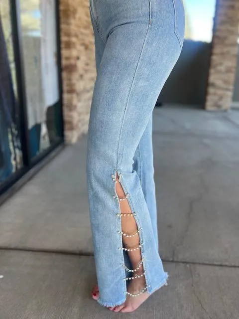 Crystal Chain Light Wash Denim Jeans