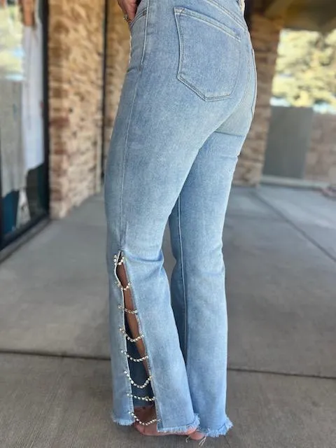 Crystal Chain Light Wash Denim Jeans