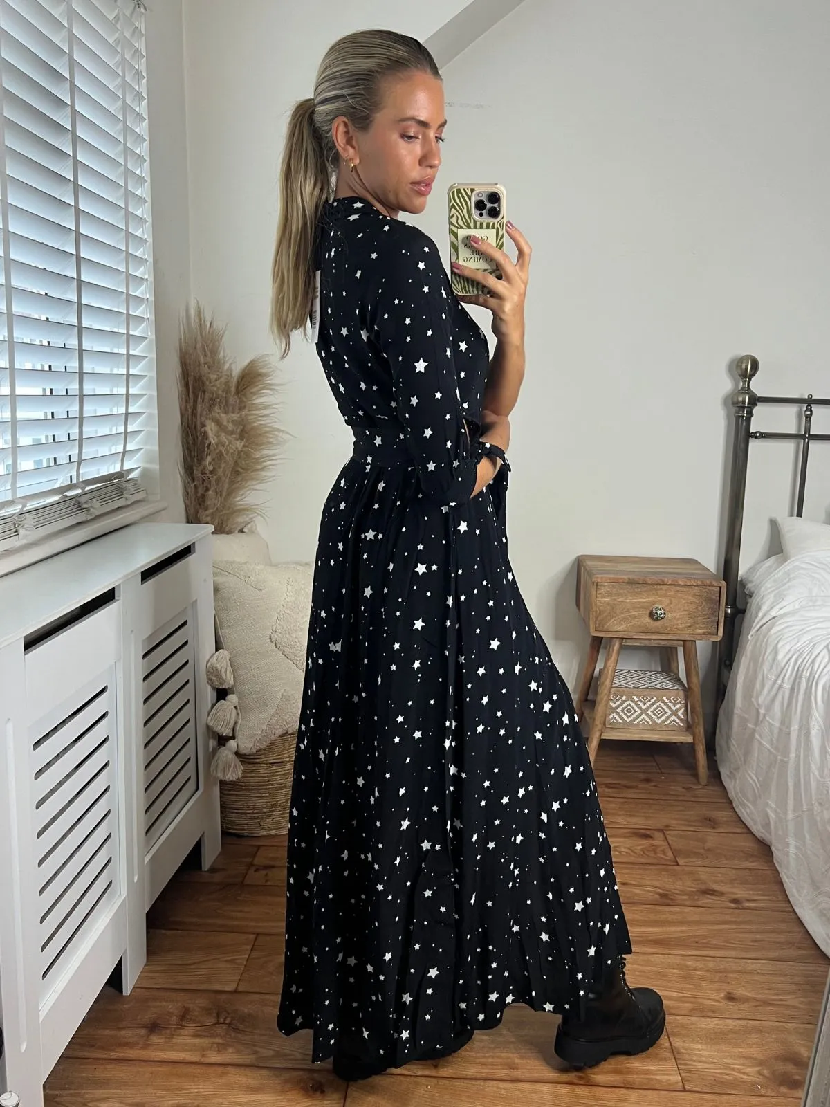 Daphne Belted Shirt Dress / Black and White Star Print