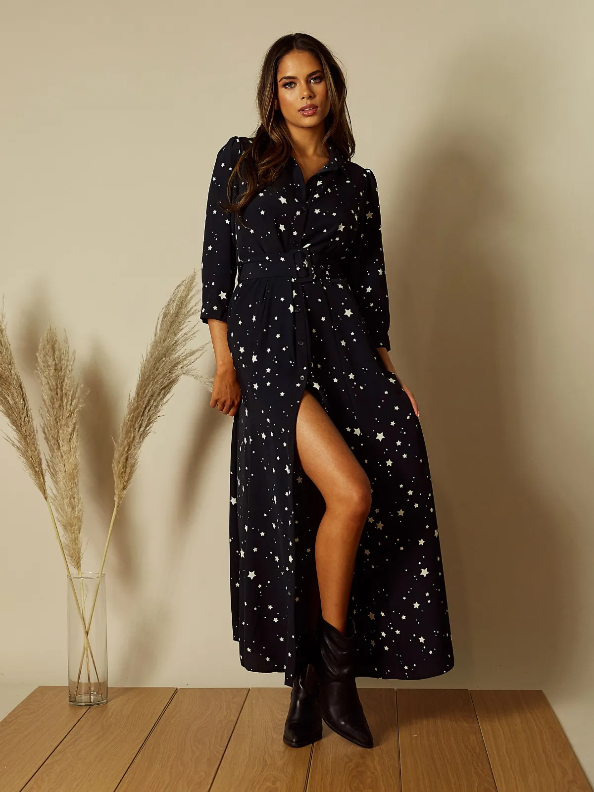 Daphne Belted Shirt Dress / Black and White Star Print