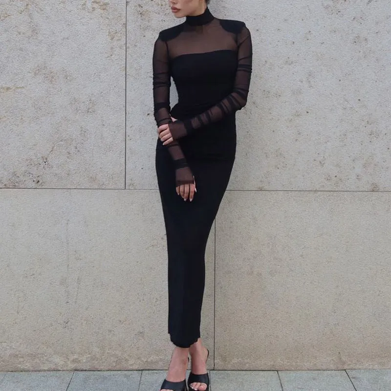 Elegant Half Turtleneck Mesh Slim Fit Sexy Padded Shoulder Maxi Dress Women