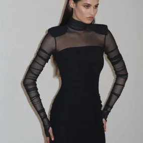 Elegant Half Turtleneck Mesh Slim Fit Sexy Padded Shoulder Maxi Dress Women