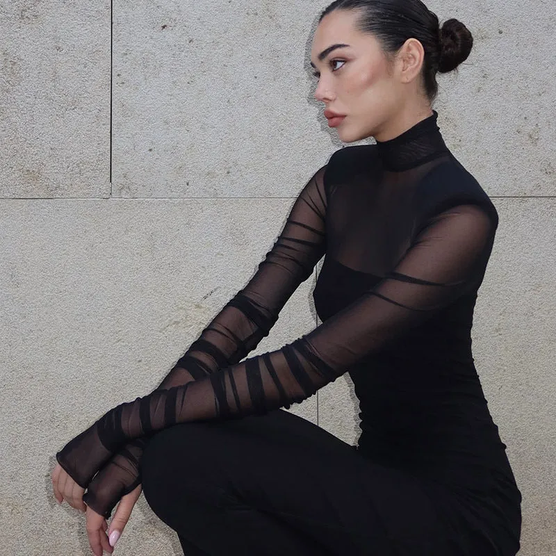 Elegant Half Turtleneck Mesh Slim Fit Sexy Padded Shoulder Maxi Dress Women