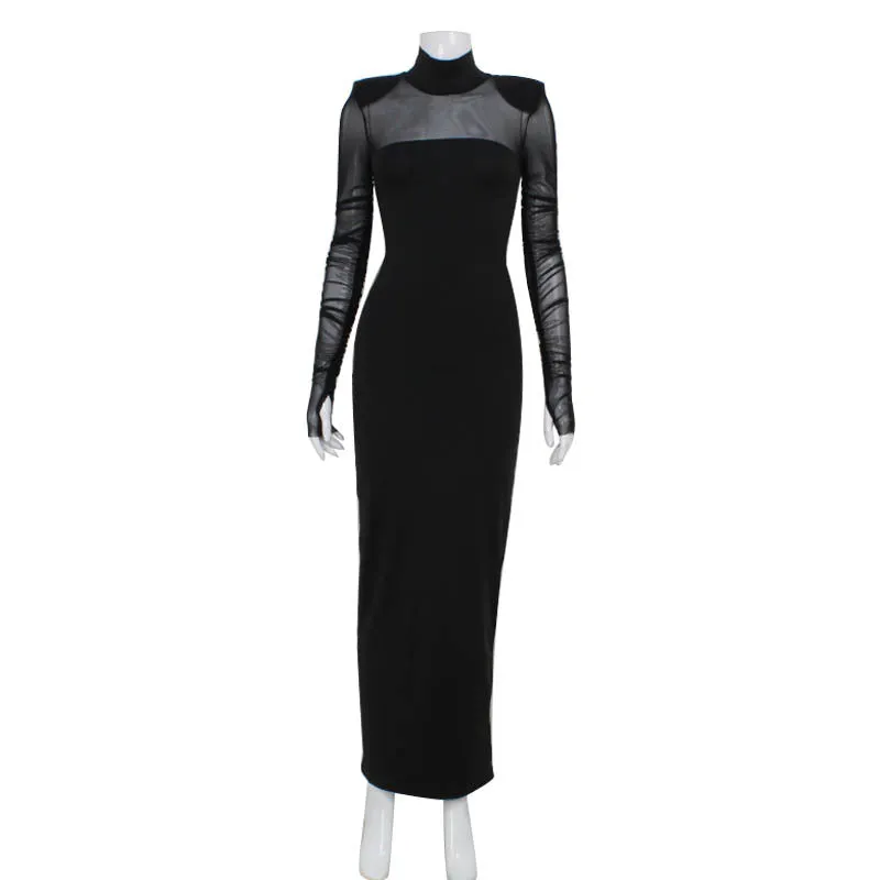 Elegant Half Turtleneck Mesh Slim Fit Sexy Padded Shoulder Maxi Dress Women
