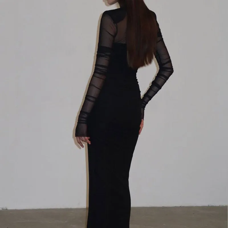 Elegant Half Turtleneck Mesh Slim Fit Sexy Padded Shoulder Maxi Dress Women