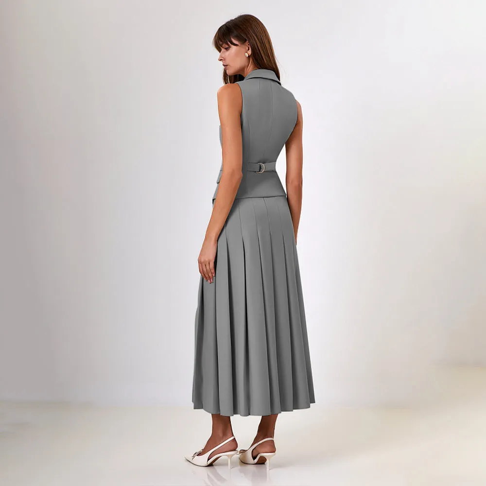 Elegant Long Dress Set - Sleeveless Vest with Pleated Maxi Skirt Two-Piece Outfit for Work, Party, Holiday, and Vacation Wear