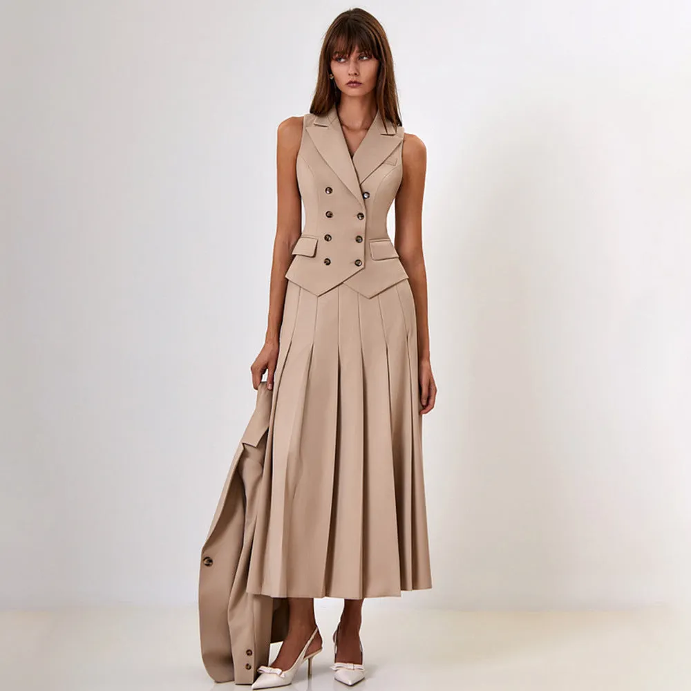Elegant Long Dress Set - Sleeveless Vest with Pleated Maxi Skirt Two-Piece Outfit for Work, Party, Holiday, and Vacation Wear