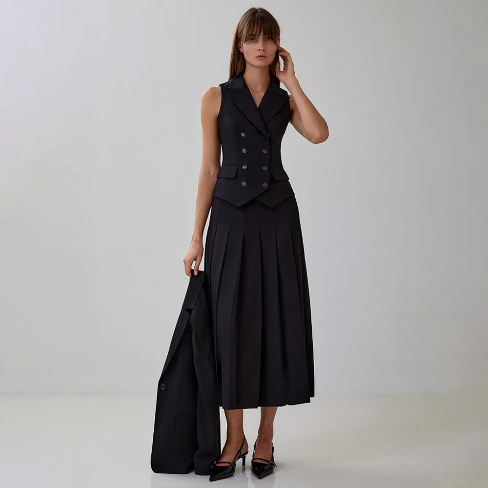 Elegant Long Dress Set - Sleeveless Vest with Pleated Maxi Skirt Two-Piece Outfit for Work, Party, Holiday, and Vacation Wear