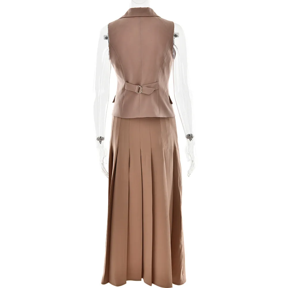 Elegant Long Dress Set - Sleeveless Vest with Pleated Maxi Skirt Two-Piece Outfit for Work, Party, Holiday, and Vacation Wear