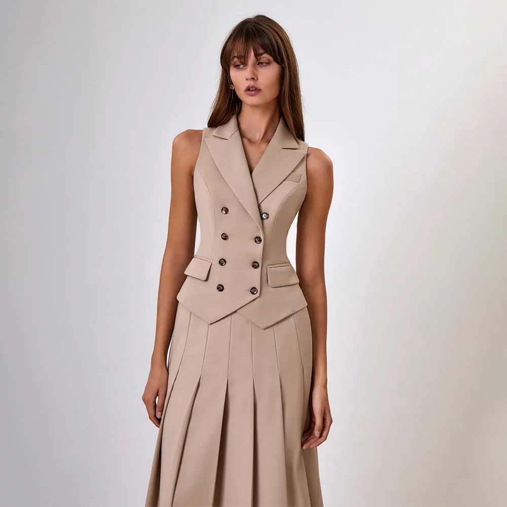Elegant Long Dress Set - Sleeveless Vest with Pleated Maxi Skirt Two-Piece Outfit for Work, Party, Holiday, and Vacation Wear