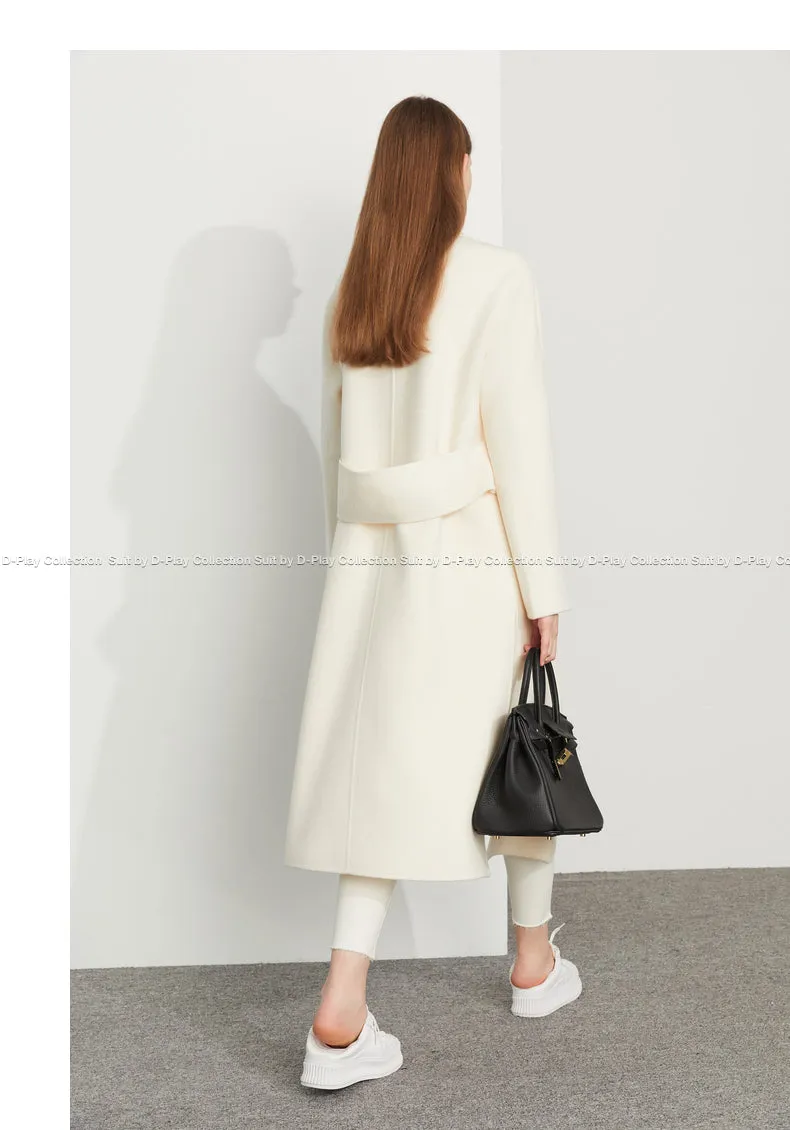 Fall Autumn Cream White Lapel Slit Wide Belt Double Wool Coat - Tianna