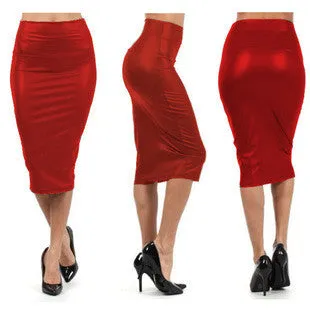 Faux Leather Pure Color Elastic Bodycon Pencil Skirt
