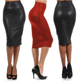 Faux Leather Pure Color Elastic Bodycon Pencil Skirt