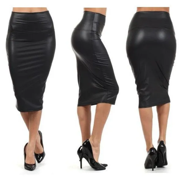 Faux Leather Pure Color Elastic Bodycon Pencil Skirt
