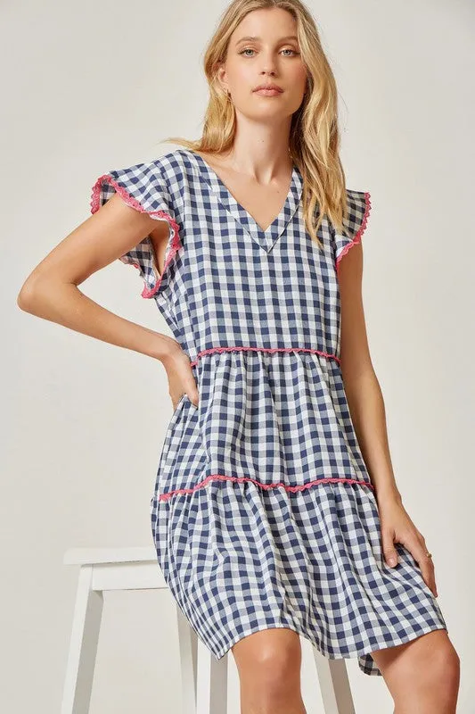 Gingham Lace Detail V Neck Tiered Dress
