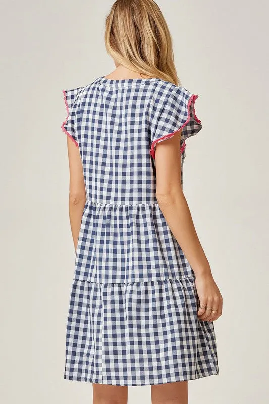 Gingham Lace Detail V Neck Tiered Dress