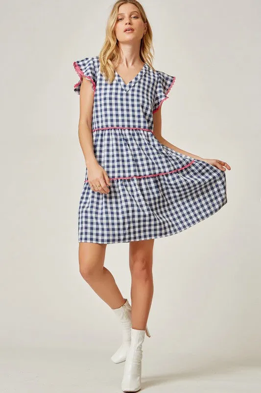 Gingham Lace Detail V Neck Tiered Dress