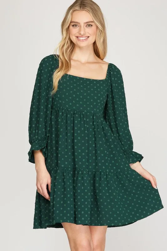 Green Dot Square Neck Babydoll Dress