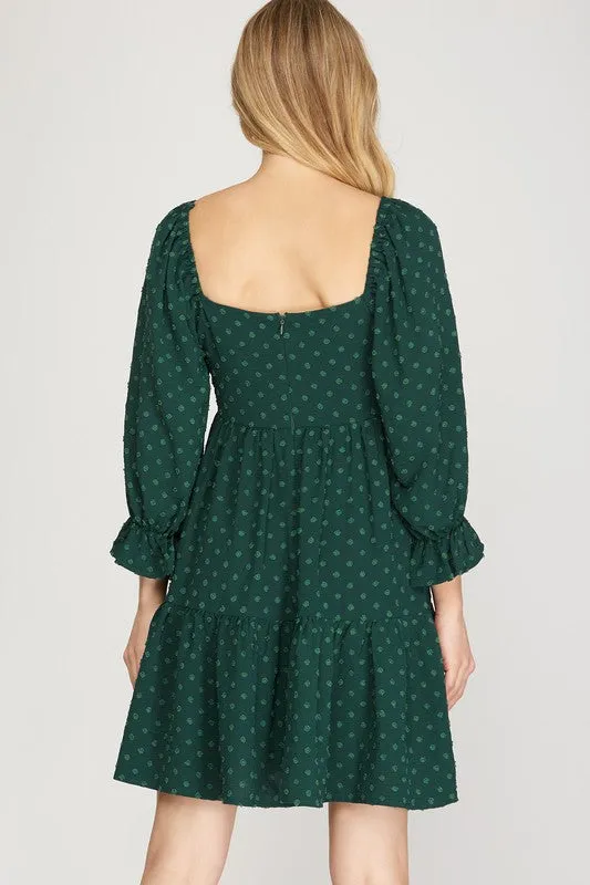Green Dot Square Neck Babydoll Dress