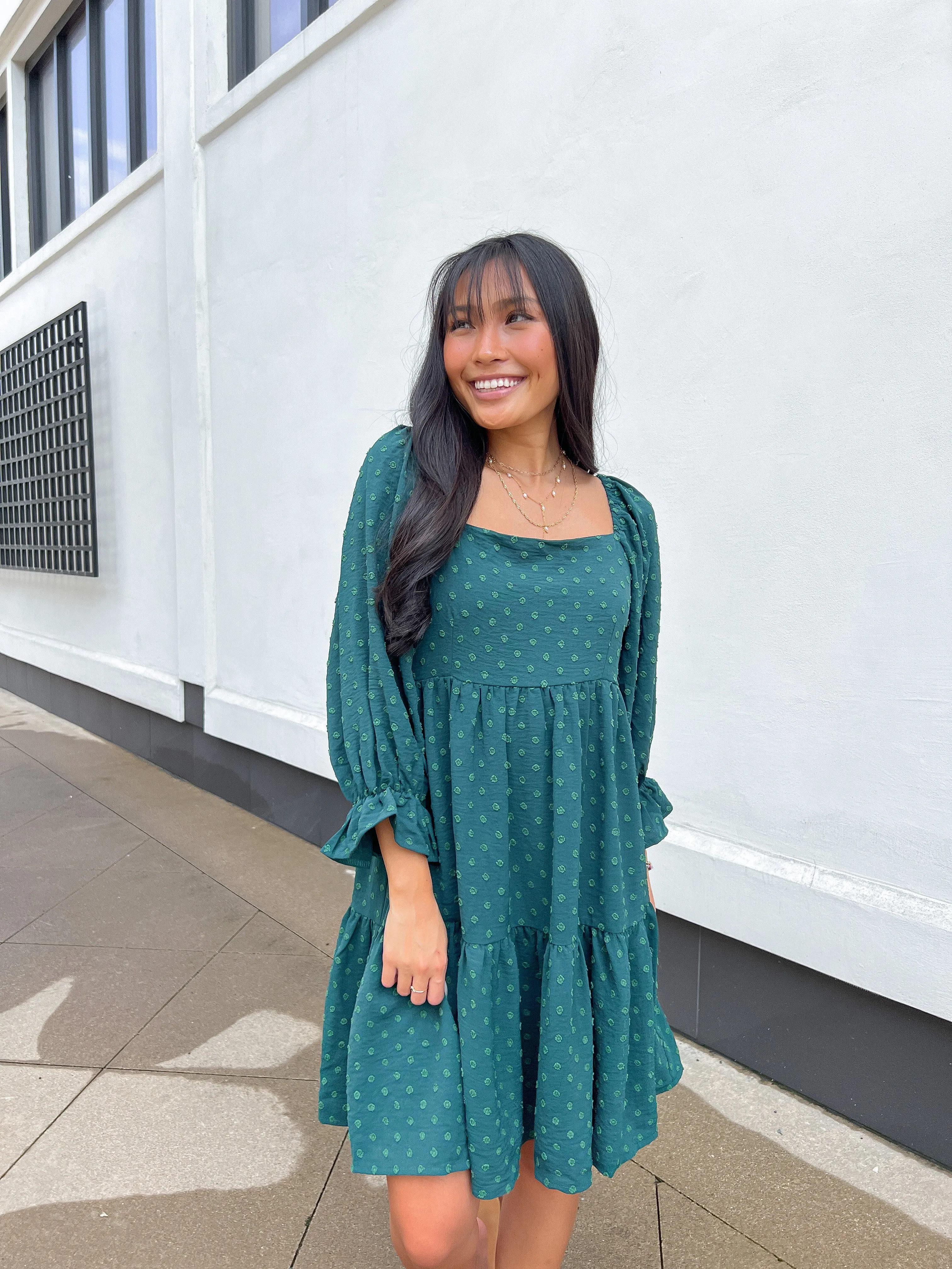 Green Dot Square Neck Babydoll Dress