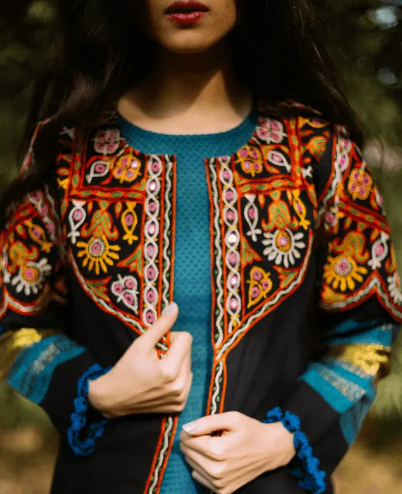 Handwoven & Hand Embroidered Mirror Work Tribal Cropped Jacket in Wool