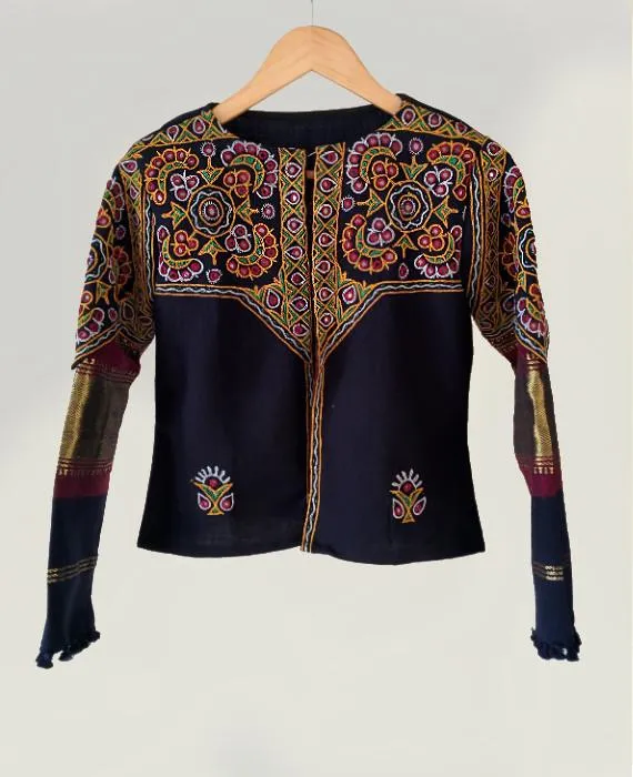 Handwoven & Hand Embroidered Mirror Work Tribal Cropped Jacket in Wool