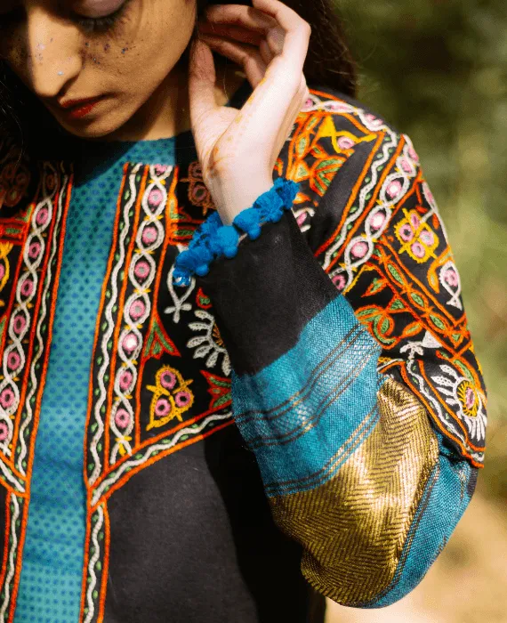 Handwoven & Hand Embroidered Mirror Work Tribal Cropped Jacket in Wool