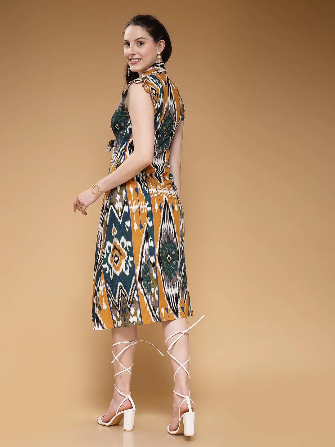 Indibelle Rayon Knotted Abstract Print A-Line Dress (Mustard)