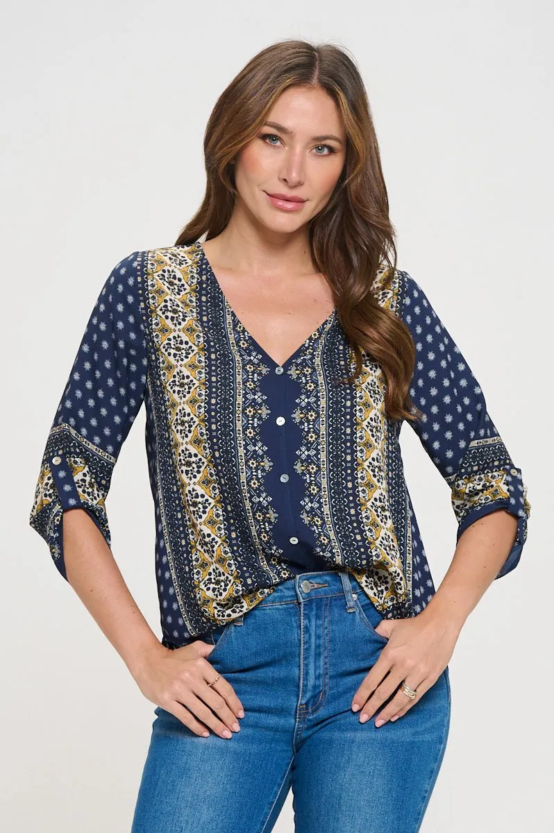 Lina Roll-tab Sleeve V-neck Blouse